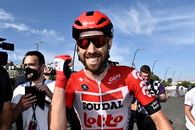 Thomas De Gendt accelerated past Davide Gabburo and Jorge Arcas with 200m to go to claim a stage win (Fabio Ferrari/AP/PA)