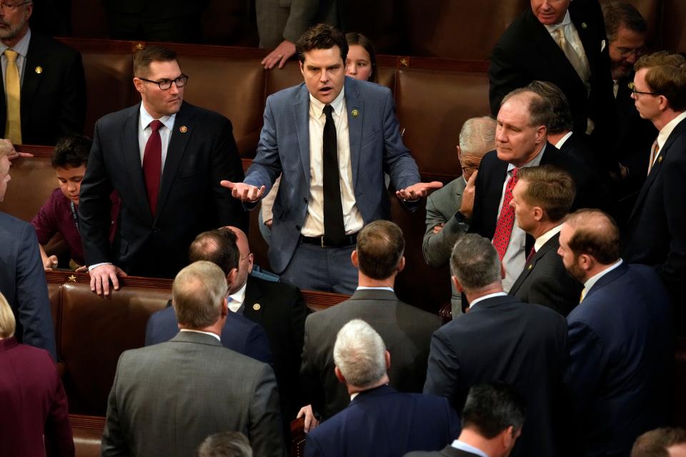 January 4, 2022: Rep Matt Gaetz, R-Fla., talks with colleagues in the House chamber. The House of Representatives reconvened trying to elect a Speaker of the House as the 118th session of Congress begins. Gaetz nominated Kevin McCarthy, R-Calif., but  failed to get the 218 votes needed to be elected Speaker. Republicans take over the U.S. House of Representatives with a slim majority and Democrats maintain a majority in the U.S. Senate.