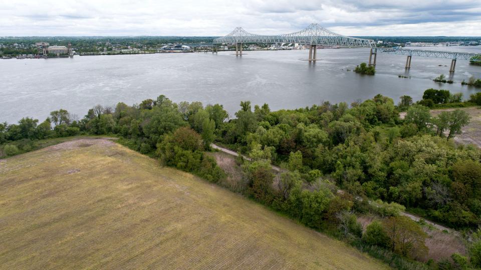 The Raccoon Island tract in Logan Township is shown Thursday, May 4, 2023.  That island, mostly, is a whole lot of woods and wetlands, is designated now for a massive warehouse development. 