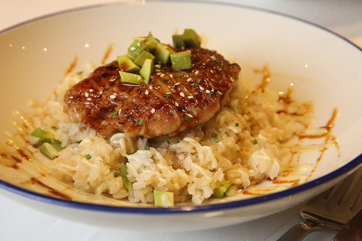 The Pan-Fried Iberico Pork Patty has a juicy bite is paired with fluffy Japanese Nishiki rice