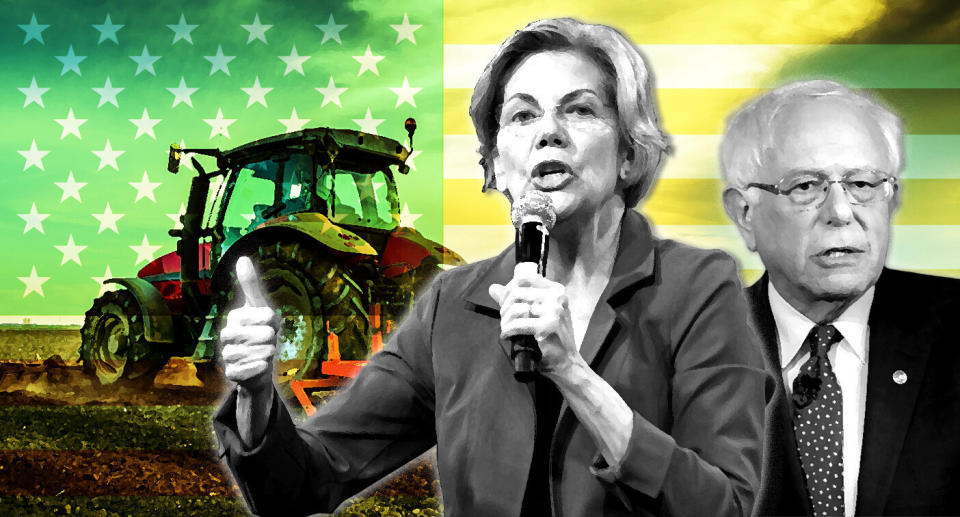 Sens. Elizabeth Warren and Bernie Sanders (Photo illustration: Yahoo News; photos: Bridget Bennett/Bloomberg via Getty Images, AP, Getty Images, AP)