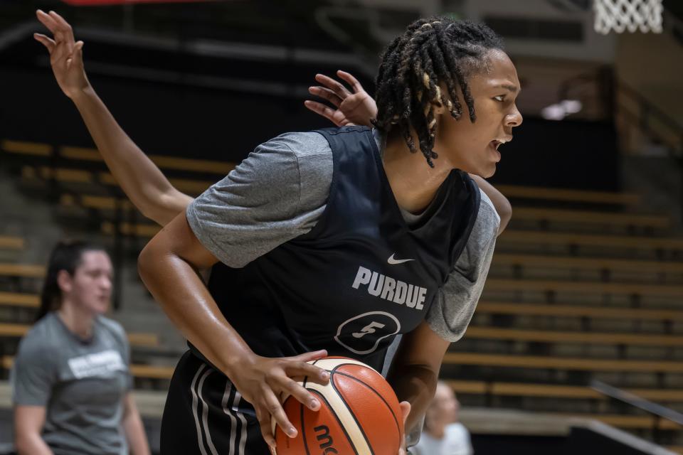 Freshman forward Kendall Puryear backs her way inside the paint during practice at Mackey Arena on Wednesday, July 31, 2024 in West Lafayette, Ind.