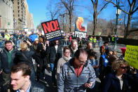 <p>Thousands of people sing and hoeld up signs at the “Not My President’s Day” rally on Central Park West in New York City on Feb. 20, 2017. (Gordon Donovan/Yahoo News) </p>