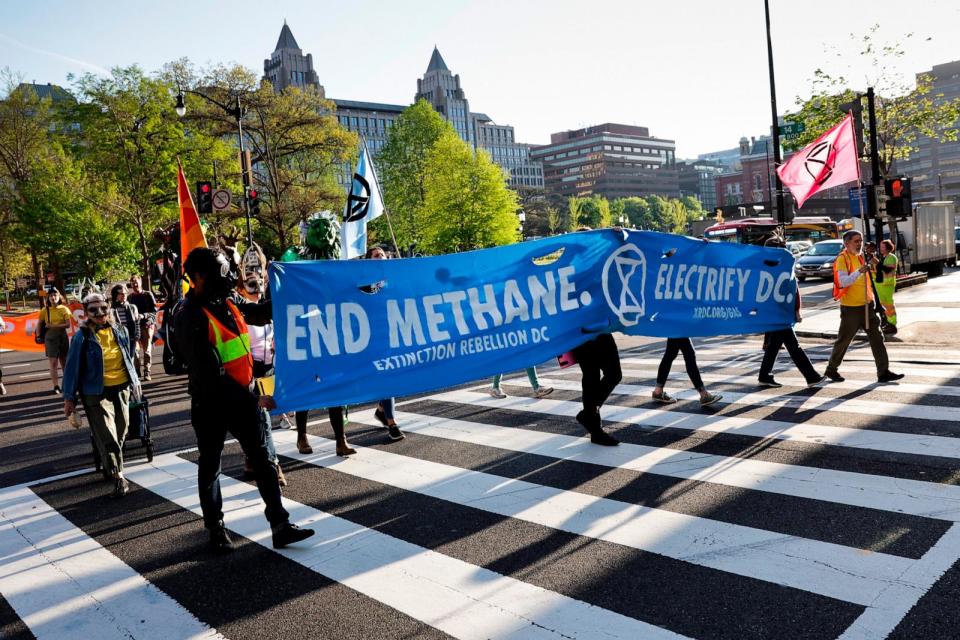 PHOTO: Environmental activists with the group Extinction Rebellion D.C. participate in an Earth Day rally against fossil fuels, April 22, 2022, in Washington. (Kevin Dietsch/Getty Images)