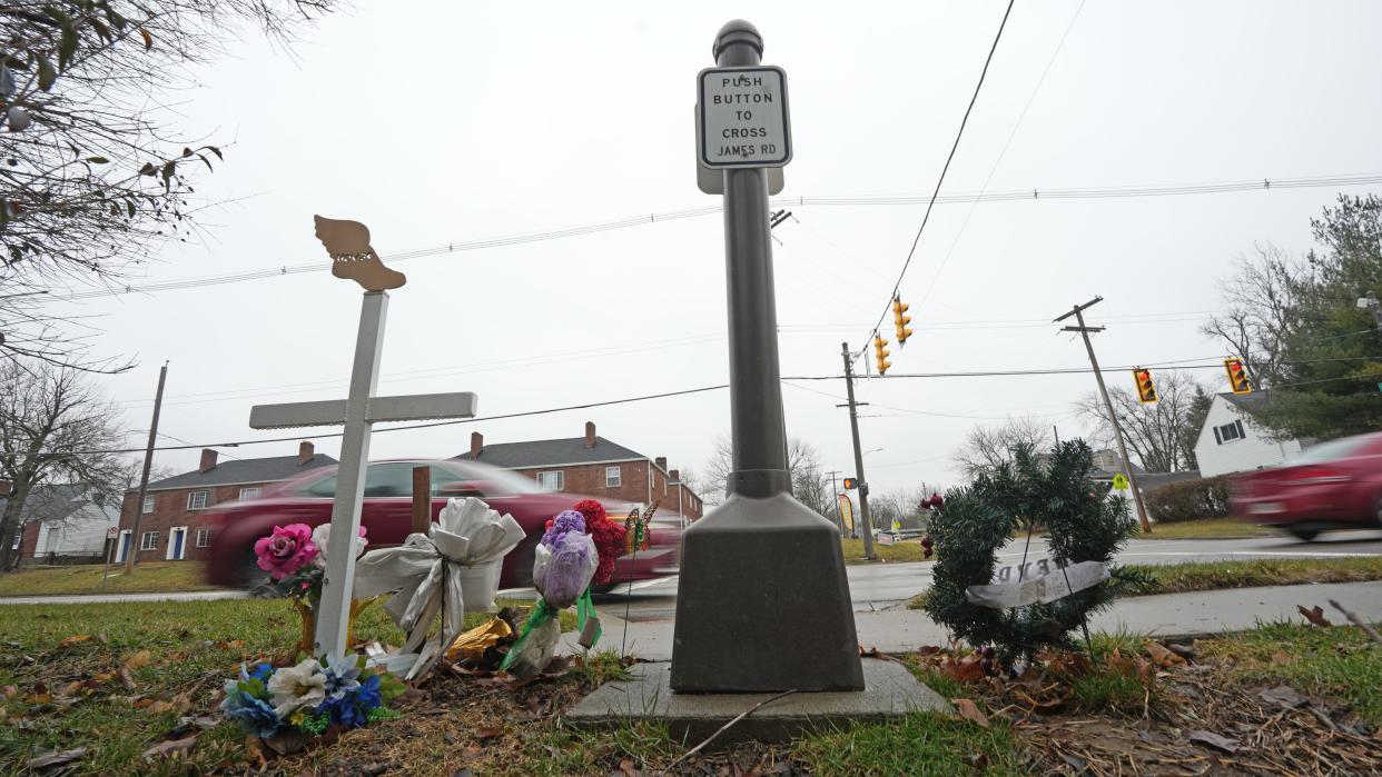 A memorial for Devon Biggs sits at the corner of James Road and Fair Avenue on Columbus' East Side. On May 2, 2023, Devon, who was 15, was struck and killed when a driver drove over a curb and struck Devon, who was on a sidewalk.