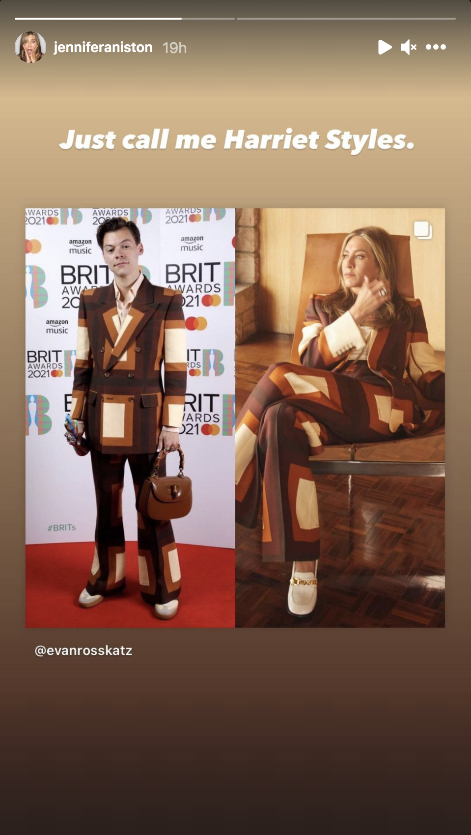 Photos of Harry Styles and Jennifer Aniston wearing the same pantsuit are pictured side by side in this screenshot from Jennifer Aniston's latest Instagram Story