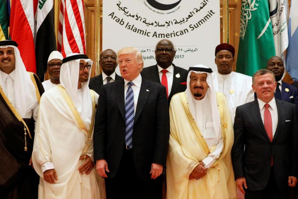 Donald Trump with Jordan's King Abdullah II, Saudi Arabia's King Salman bin Abdulaziz Al Saud, Abu Dhabi Crown Prince Sheikh Mohammed bin Zayed al-Nahyan and Qatar's Emir Sheikh Tamim Bin Hamad Al-Thani. (REUTERS)