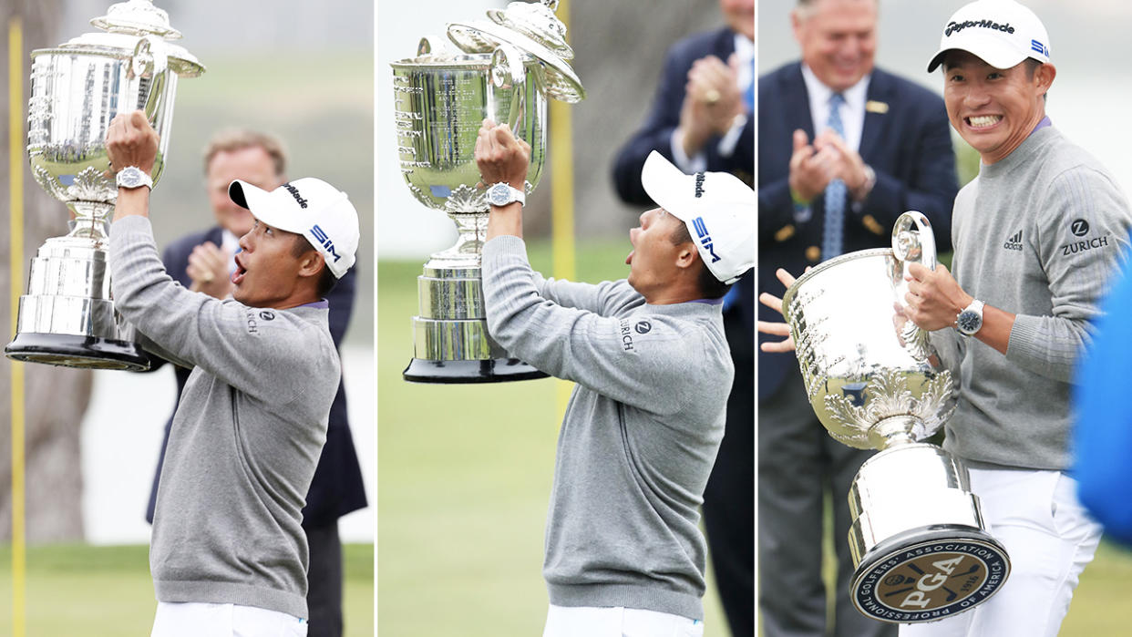 Collin Morikawa, pictured here dropping the lid off the Wanamaker Trophy.