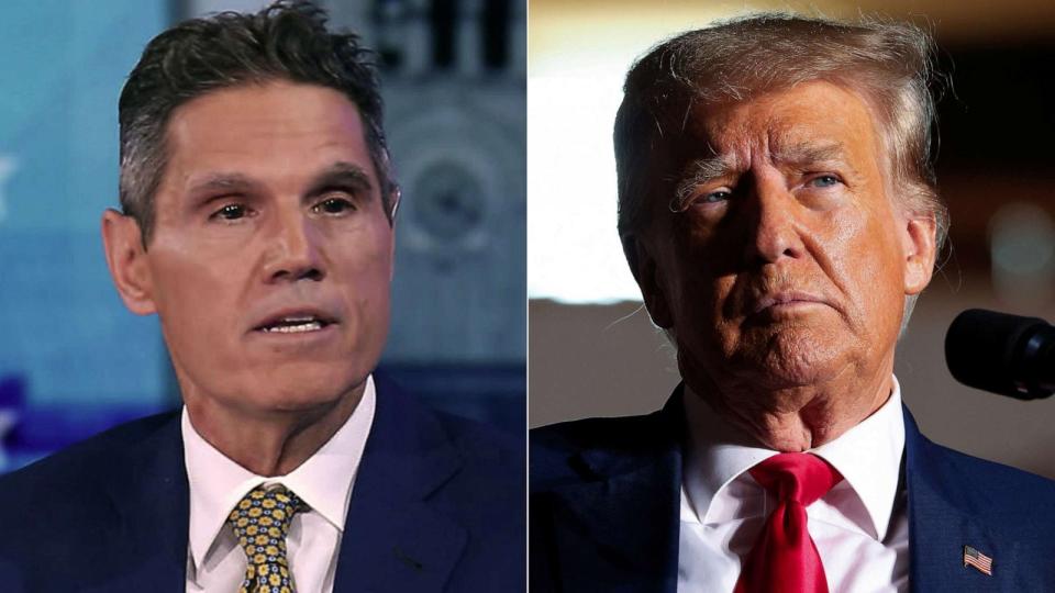 PHOTO: Attorney for former President Donald Trump, John Lauro, speaks to ABC's George Stephanopoulos on Aug. 6, 2023, in Washington, D.C, and Republican presidential candidate Donald Trump in a campaign rally in Erie, Penn., July 29, 2023. (ABC News and Lindsay DeDario/Reuters)