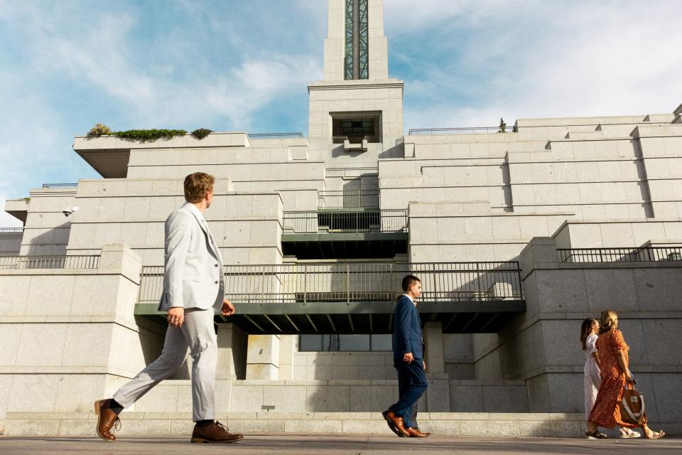 Conferencegoers file in before the Saturday morning session of the 193rd Semiannual General Conference of The Church of Jesus Christ of Latter-day Saints at the Conference Center in Salt Lake City on Saturday, Sept. 30, 2023. | Megan Nielsen, Deseret News