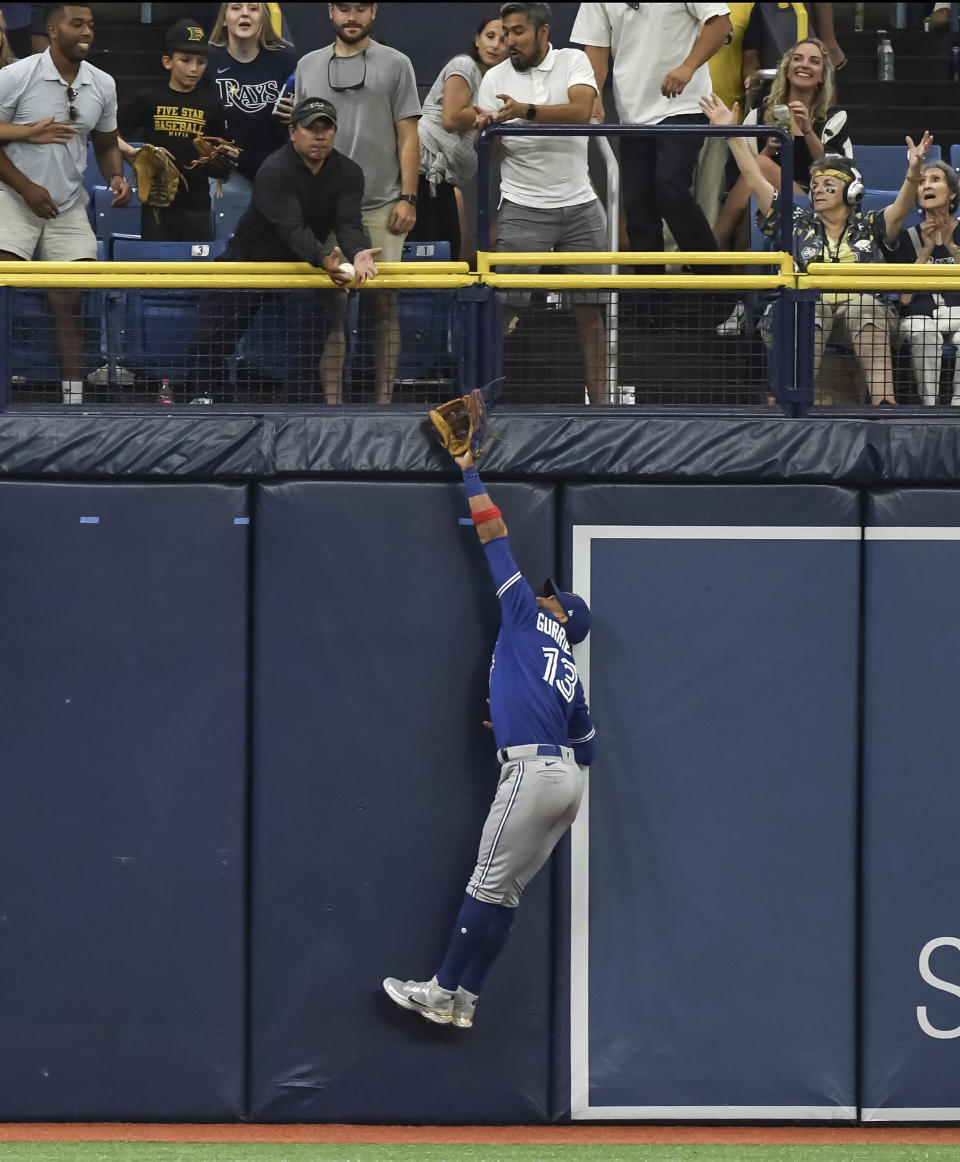 A fan interferes with a fly ball hit by Tampa Bay Rays' Yandy Diaz as Toronto Blue Jays left fielder Lourdes Gurriel Jr., leaps for the ball during the seventh inning of a baseball game Sunday, July 11, 2021, in St. Petersburg, Fla. (AP Photo/Steve Nesius)