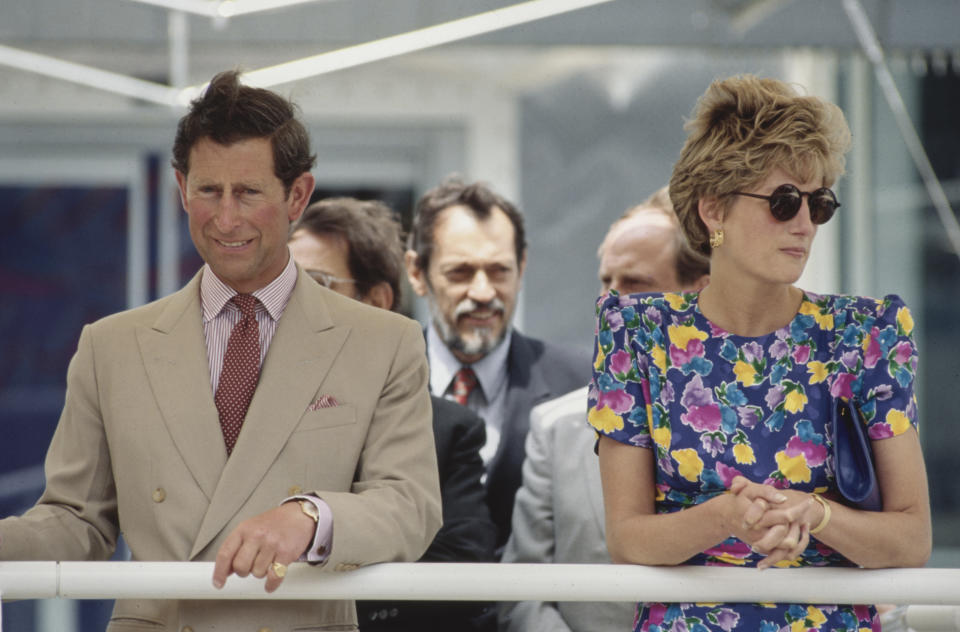 Prince Charles and Diana, Princess of Wales (1961 - 1997) at Seville Expo '92, the Universal Exposition of Seville, Spain, 21st May 1992. The Princess is wearing a floral print dress by designers Bellville Sassoon. (Photo by Tim Graham/Getty Images)