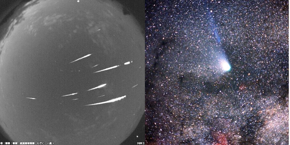 Side by side images show a picture of the meteor shower and a picture of Halley's comet against the sky