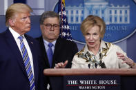 President Donald Trump and Attorney General William Barr listens as Dr. Deborah Birx, White House coronavirus response coordinator, speaks about the coronavirus in the James Brady Briefing Room, Monday, March 23, 2020, in Washington. (AP Photo/Alex Brandon)