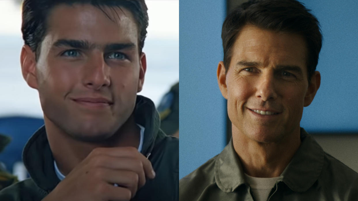  Tom Cruise in Top Gun and Tom Cruise in Top Gun: Maverick, pictured side by side.  