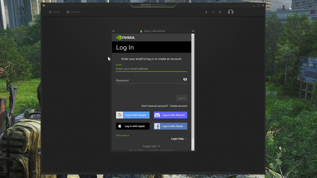  The Nvidia GeForce Experience login screen. 