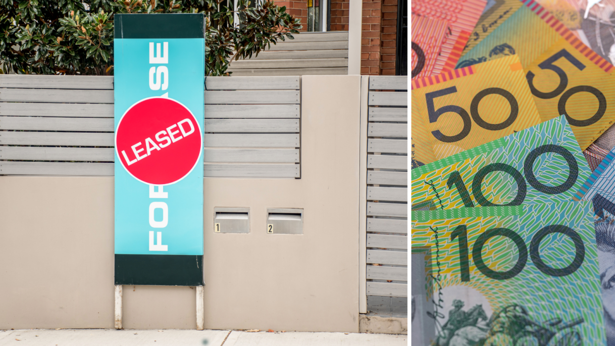 A sign out the front of a property in an urban suburb that indicates it is for rent and Australian currency.