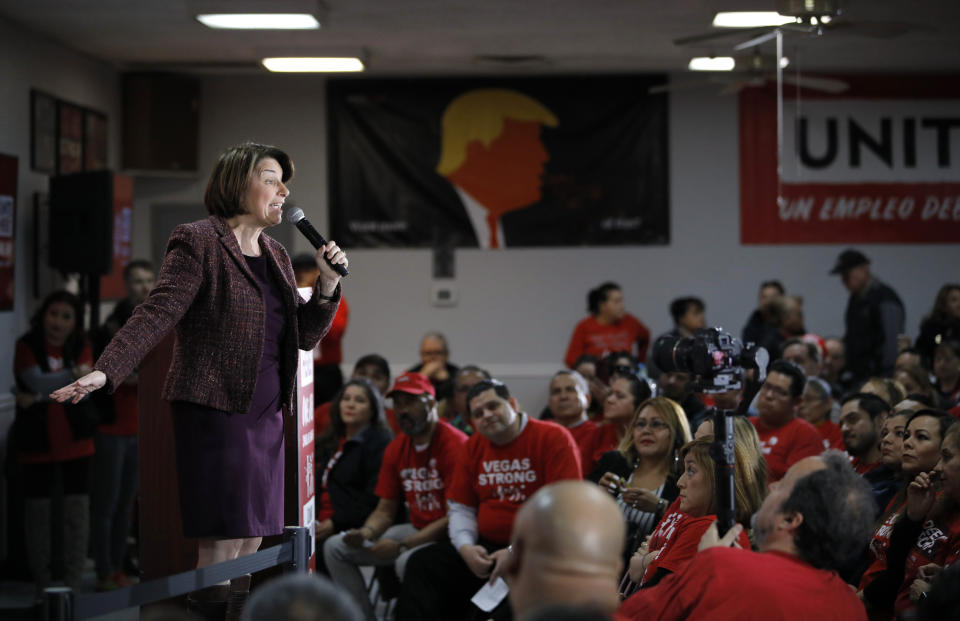 Democratic presidential candidate Sen. Amy Klobuchar, D-Minn., speaks at a culinary workers union hall Saturday, Jan. 11, 2020, in Las Vegas. (AP Photo/John Locher)