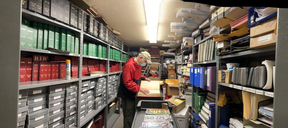 James Kences, the town’s newly installed historian, is seen in the records vault at York Town Hall.