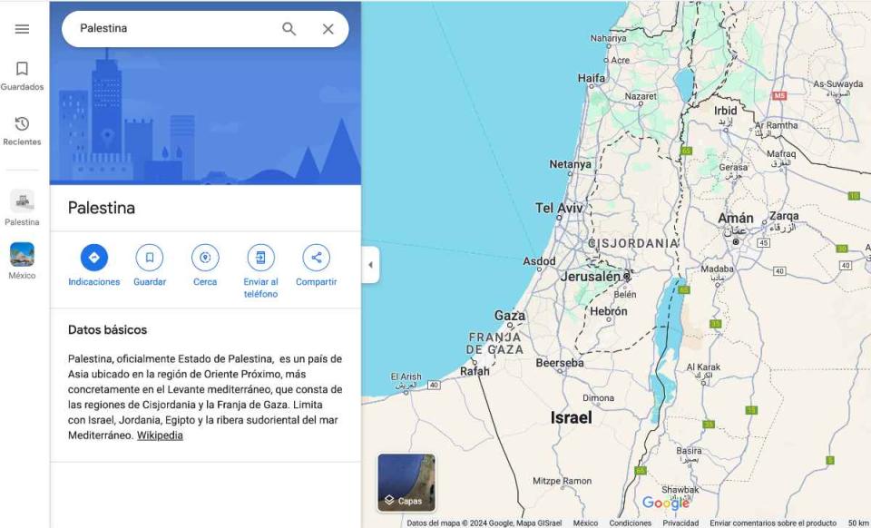 Palestina, como país, nunca ha existido en los mapas de Google, pues no es un estado reconocido por organismos internacionales 