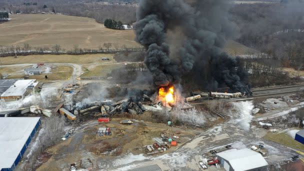 PHOTO: FILE - This photo taken with a drone shows portions of a Norfolk Southern freight train that derailed Friday night in East Palestine, Ohio, Feb. 4, 2023. (Gene J. Puskar/AP, FILE)