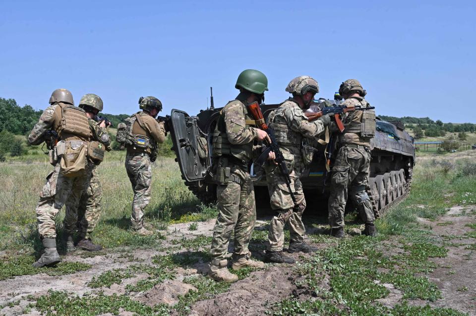 Platoon commanders of Ukraine's National Guard take part in a military training in Kharkiv region on Wednesday.