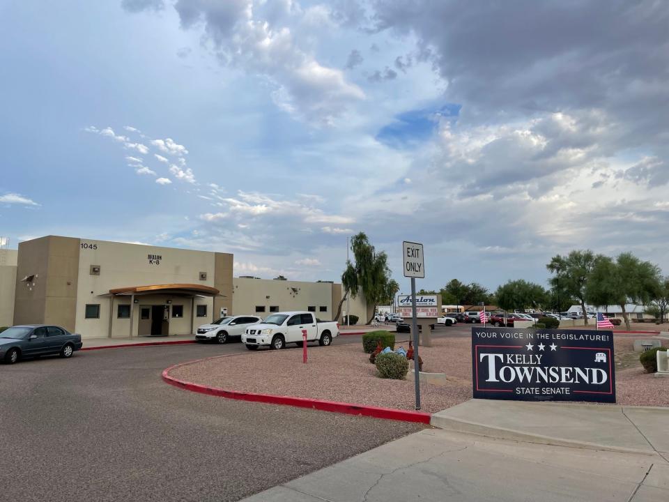A yard sign for Sen. Kelly Townsend's re-election campaign outside an elementary school in Apache Junction, AZ on July 14, 2022.