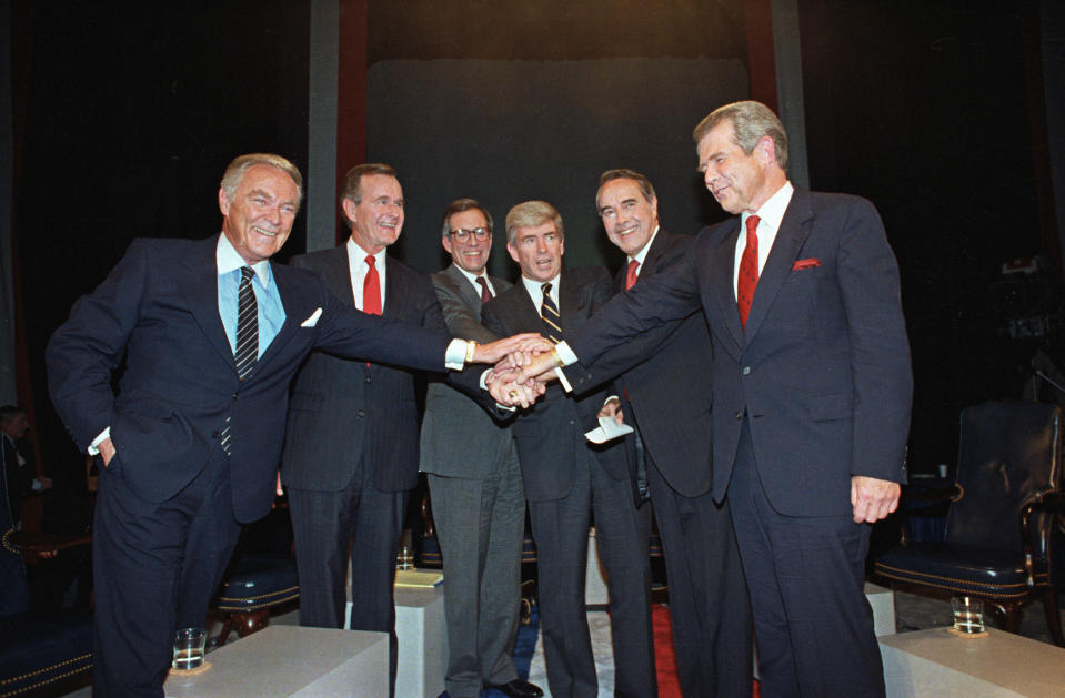 The six Republican presidential candidates, Alexander Haig, Vice President George Bush, Pierre du Pont, Jack Kemp, Bob Dole, and Pat Robertson after their first joint debate on Firing Line in Houston. (Bettmann Archive)