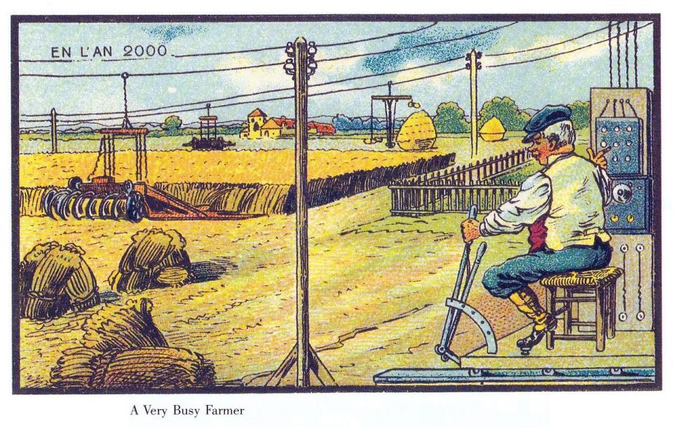 El granjero del futuro, sentado cómodamente y dejando que las máquinas realicen el trabajo. Ilustración del siglo XIX
