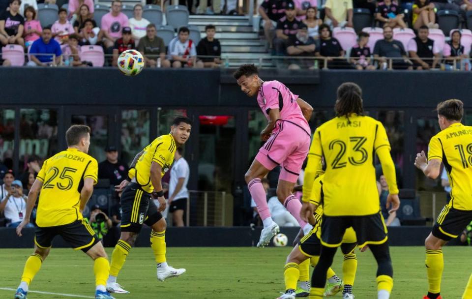 Inter Miami defender Ian Fray (17) heads the ball in front of Columbus Crew midfielder Sean Zawadzki (25) to scores a goal in first half of their MLS match at Chase Stadium on Wednesday, June 19, 2024, in Fort Lauderdale, Fla.