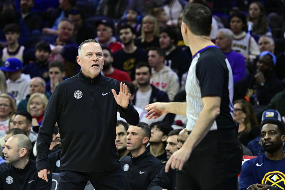 Denver Nuggets head coach Michael Malone reacts to a foul call during the second half of an NBA basketball game against the Philadelphia 76ers, Saturday, Jan. 28, 2023, in Philadelphia. (AP Photo/Derik Hamilton)