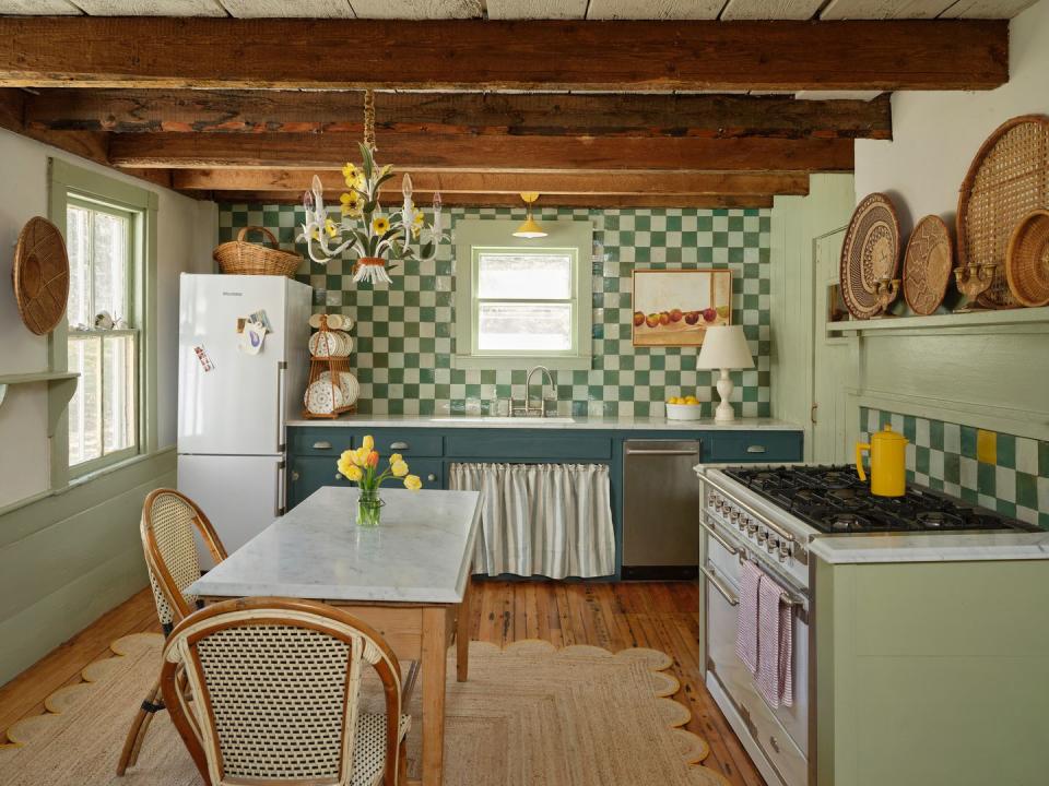 230 year old maine kitchen designed by christina salway featuring tonal mint and green checkered backsplash