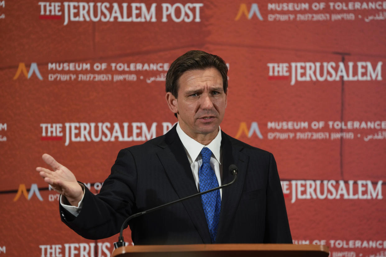 Florida Gov. Ron DeSantis talks to the media at a conference titled "Celebrate the Faces of Israel" at Jerusalem's Museum of Tolerance, Thursday, April 27, 2023. (AP Photo/Maya Alleruzzo)