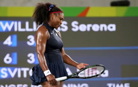 2016 Rio Olympics - Tennis - Preliminary - Women's Singles Third Round - Olympic Tennis Centre - Rio de Janeiro, Brazil - 09/08/2016. Serena Williams (USA) of USA reacts during her match against Elina Svitolina (UKR) of Ukraine. REUTERS/Kevin Lamarque