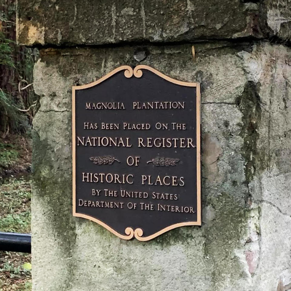 A placard recognizing the Magnolia Plantation by the United States Department of the Interior. (Curtis Bunn / NBC News)