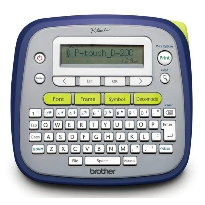 a blue and gray label maker