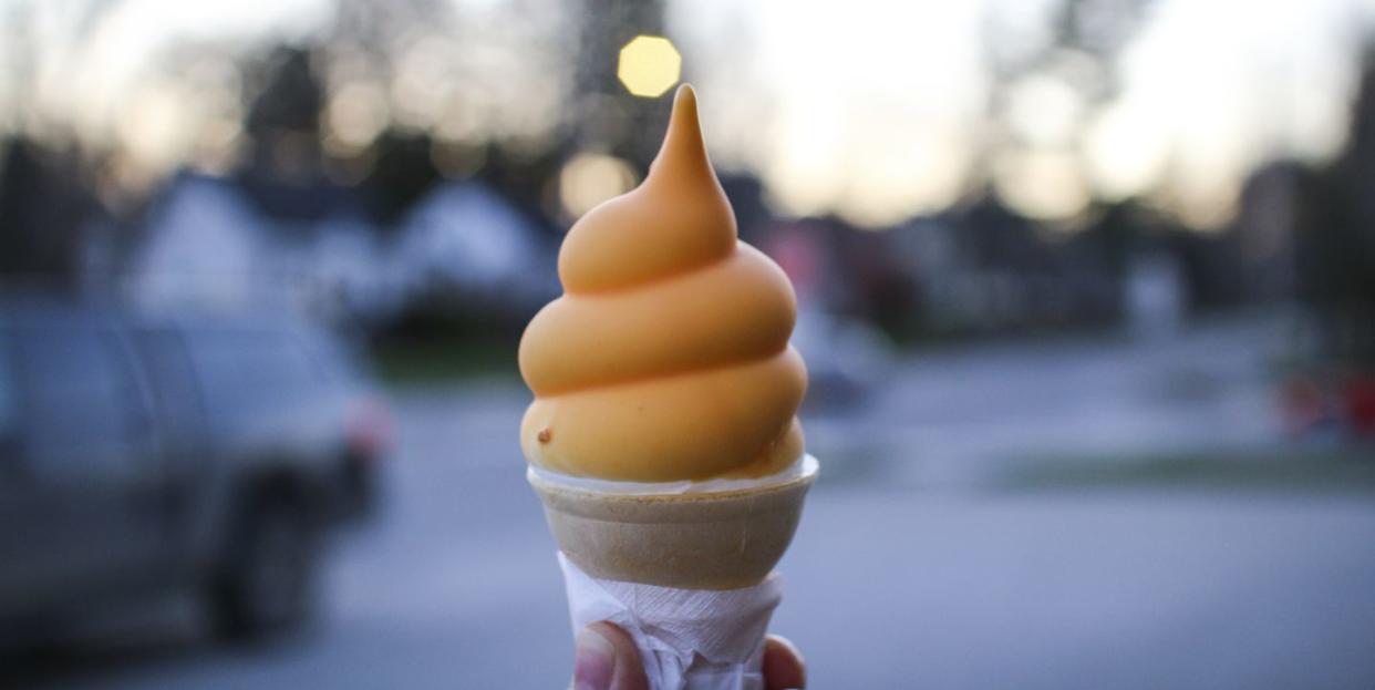 a butterscotch dipped soft serve ice cream