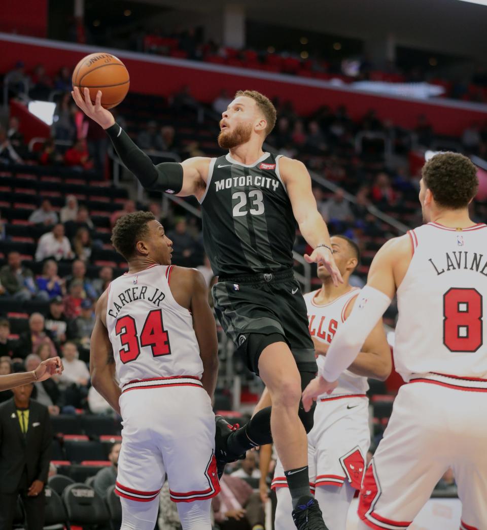 Detroit Pistons forward Blake Griffin scores against the Chicago Bulls during the third quarter Friday, Nov. 30, 2018 at Little Caesars Arena in Detroit.