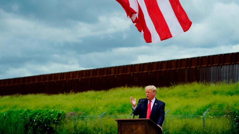 PHOTO: Former President Donald Trump speaks during a visit to an unfinished section of border wall with Texas Gov. Greg Abbott, in Pharr, Texas, June 30, 2021. (Eric Gay/AP, FILE)