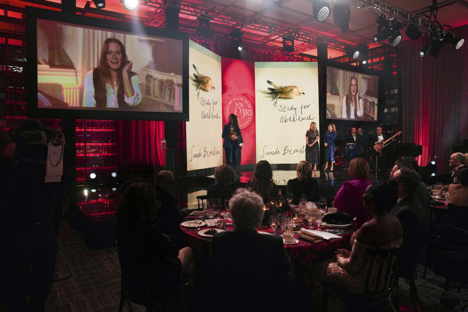 Sarah Bernstein appears on screen after winning the Scotiabank Giller Prize for her novel 'Study For Obedience' in Toronto, on Monday, Nov. 13, 2023. (Chris Young/The Canadian Press via AP)