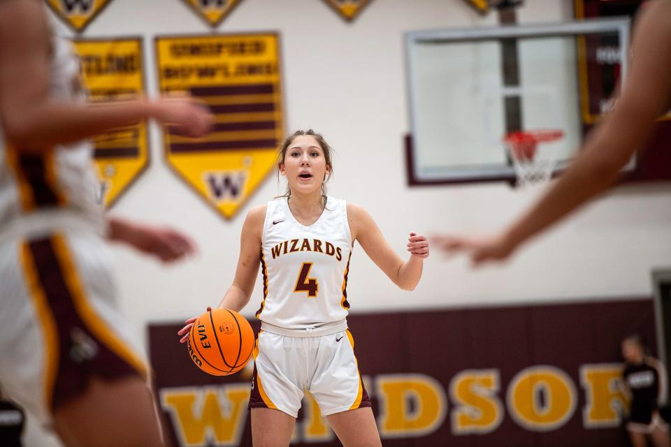 Windsor's Reyleigh Hess calls out a play during a game against Fossil Ridge High School in Windsor, Colo., on Thursday Dec. 14, 2023.