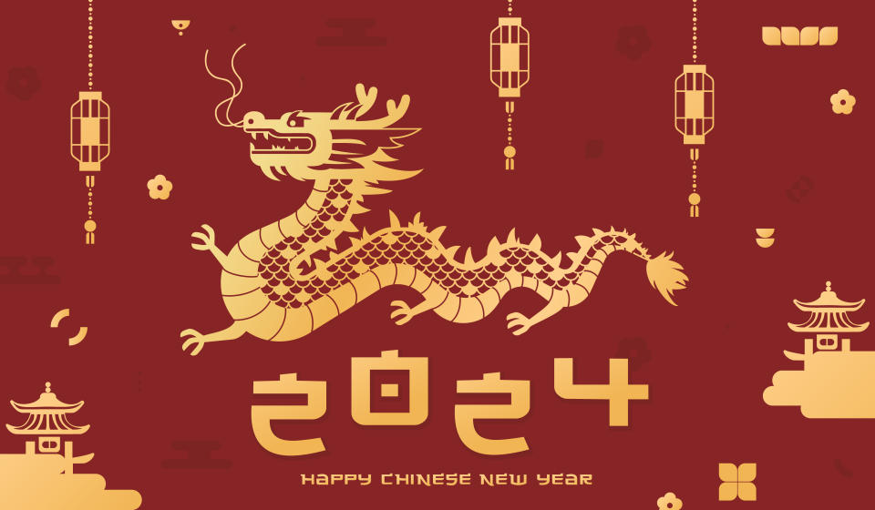 Vector illustration of 2024 Chinese New Year of the Dragon in geometric style. Golden Symbol of the Lunar New Year 2024 on a red background. Design for background, banners and posters