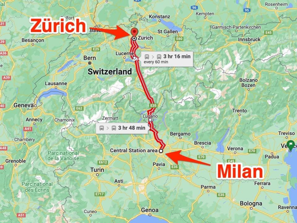 Map shows the route from Milan to Zürich