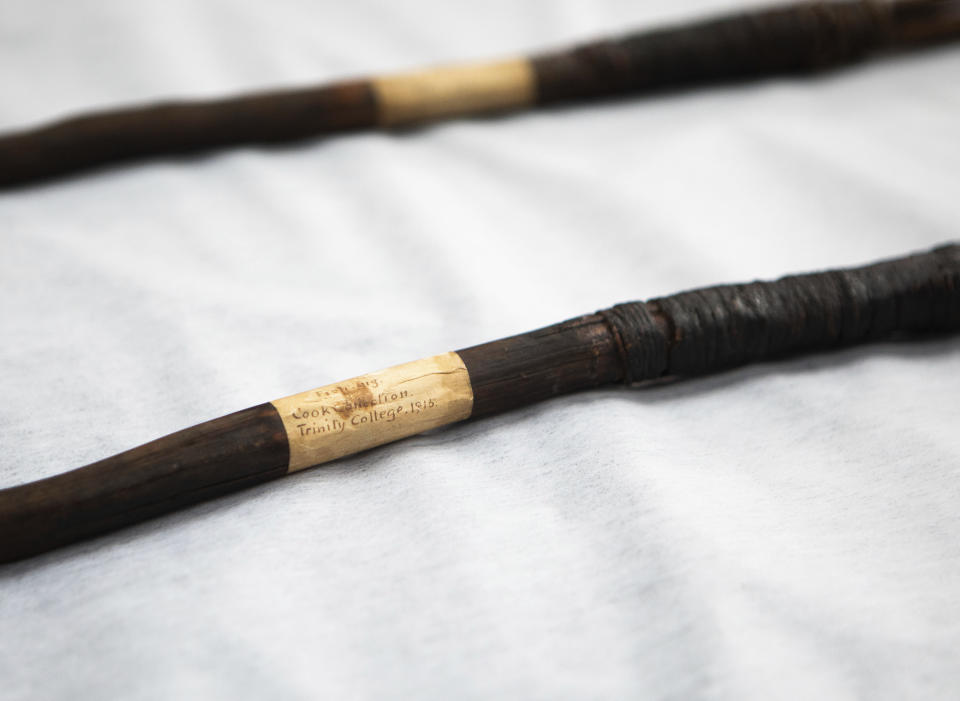 Undated handout photo issued by Cambridge University of two of four Aboriginal spears that were brought to England by Captain James Cook more than 250 years ago and have now been repatriated to Australia in a ceremony at Trinity College in Cambridge, Tuesday April 23, 2024. (Cambridge University via AP)