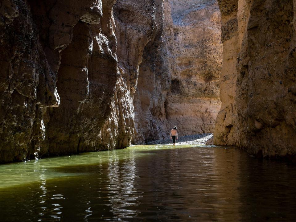 Swimming in a canyon in the Namibian desert.