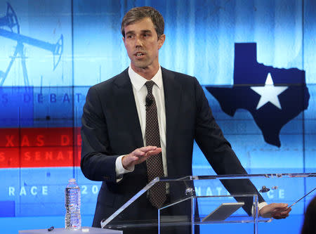 U.S. Rep. Beto O'Rourke speaks during a debate with U.S. Senator Ted Cruz (not shown), at the KENS- 5 TV studios in San Antonio, Texas, U.S., October 16, 2018. Tom Reel/San Antonio Express-News/Pool via REUTERS NO SALES. MANDATORY CREDIT