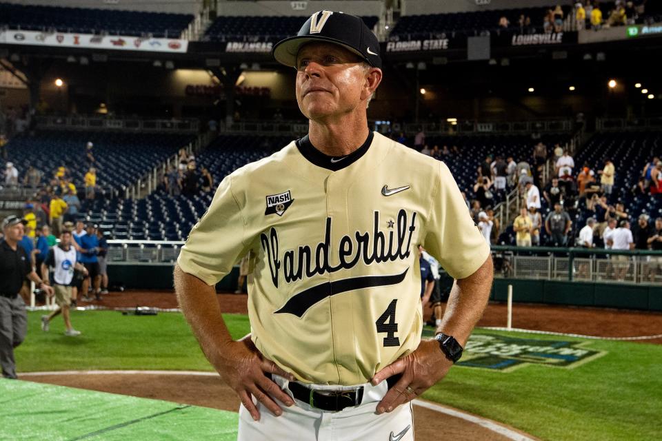 Vanderbilt head coach Tim Corbin reacts after their victory over Michigan in game three of the 2019 NCAA Men's College World Series Finals at TD Ameritrade Park Wednesday, June 26, 2019, in Omaha, Neb. 