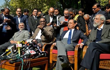 (L-R) Justices Kurian Joseph, Jasti Chelameswar, Ranjan Gogoi and Madan Lokur address the media at a news conference in New Delhi, India January 12, 2018. REUTERS/Stringer