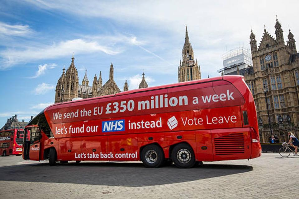 Nigel Farage has admitted that one of the Leave campaign's key pledges — £350 million extra for the NHS per week, famously plastered on the Brexit tour bus — was a ‘mistake’ (Jack Taylor / Getty Images)