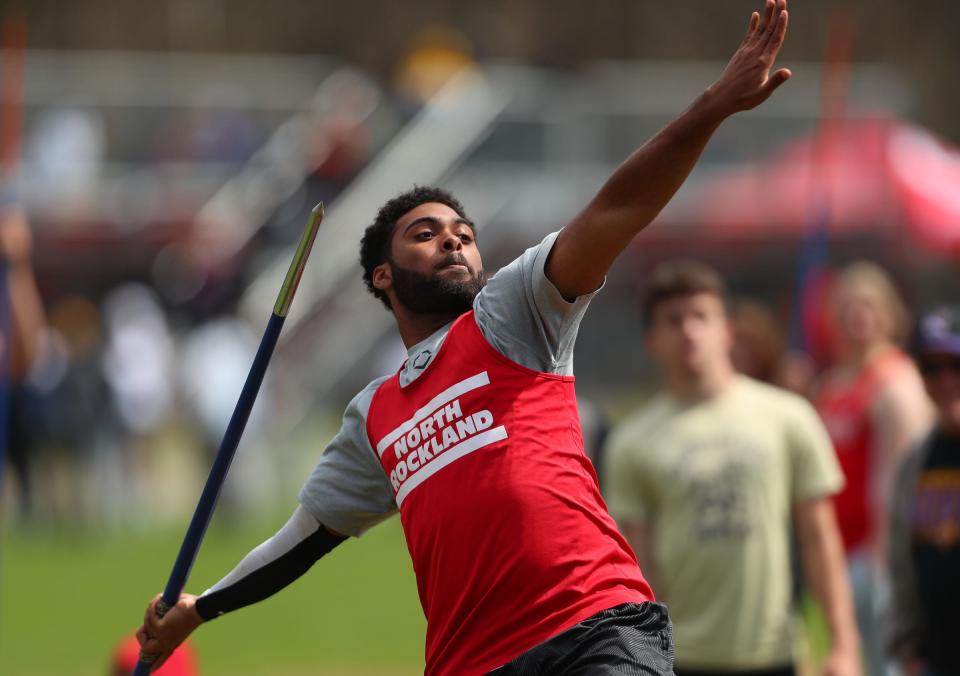 North Rockland's Brian Rivera throws the javelin during day 2 of the Red Raider Relays at North Rockland High School in Thiells on Saturday, April 23, 2022.